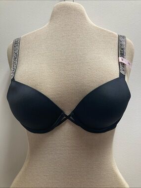 Victoria's Secret Black Padded Plunge Bra with Decorative Logo Straps